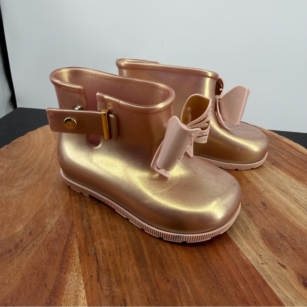 Mini Melissa Sugar Rain Bow boots rose gold glitter finish toddler girls sz 8
